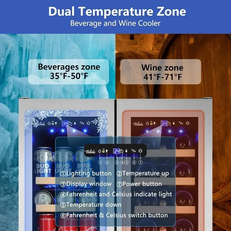 Wein- und Getränkekühlschrank, 24-Zoll-Weingetränkekühler mit zwei Zonen, integrierter/freistehender Bier- und Weinkühlschrank