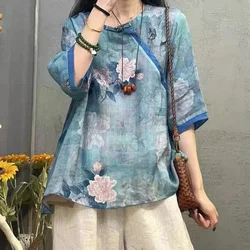 Summer Ethnic Style Ramie Blue Printed Thin Mid Sleeve Tang Suit Top Shirt Traditional Chinese Clothing for Women Vintage Shirt