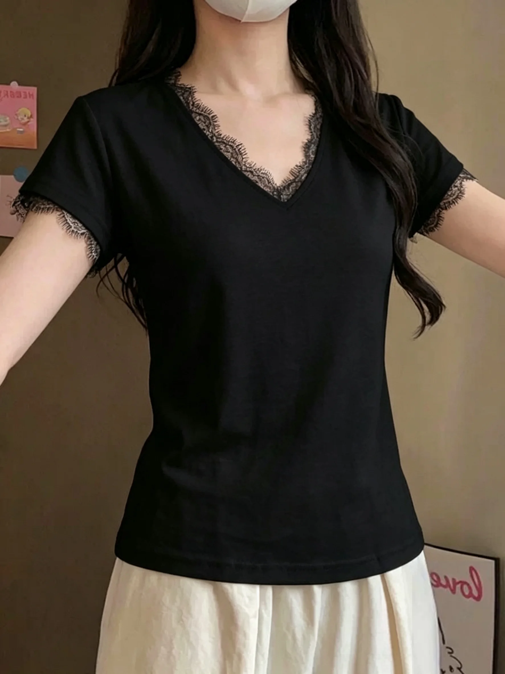 

Summer Ice Silk Snowflake Cotton Women's T-shirt V-neck Lace Short Sleeve Loose Fit Slimming Shoulder Level Top