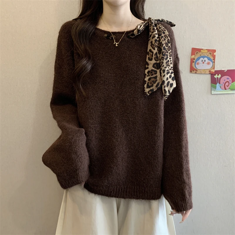 

Retro leopard print lace up sweater women autumn and winter lazy style loose fitting elegant versatile pullover knit top