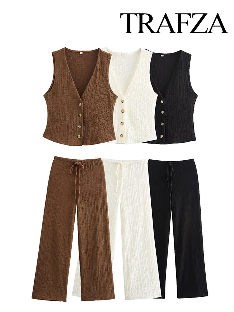 TRAFZA Women Pants Suit V-Neck Single Breasted Solid Texture Casual Vest Top+Elegant High-Waisted Drawstring Wide Leg Pants