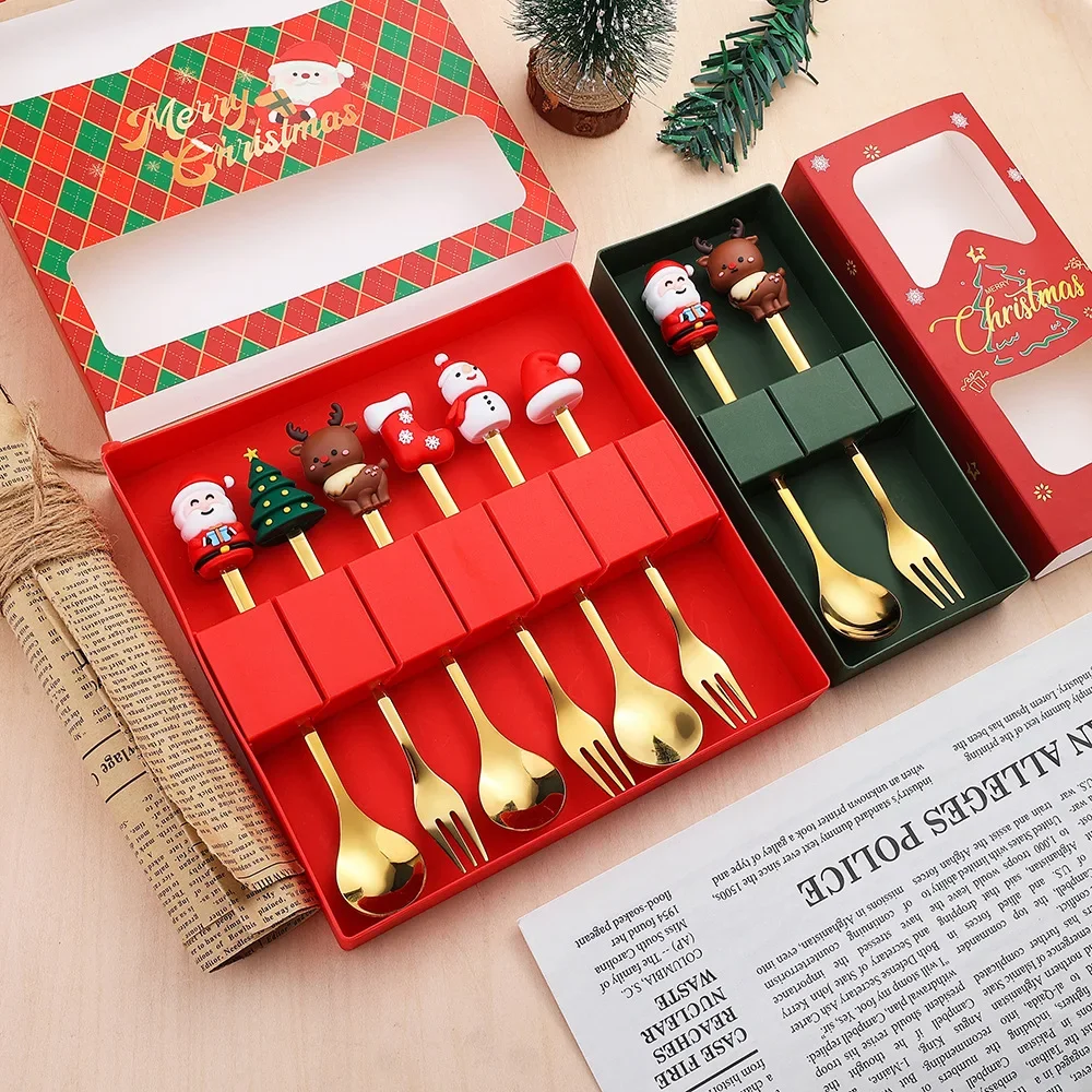 2/4/6 Pcs Christmas Fork Spoon Set Stainless Steel Creative Tableware Coffee Tea Dessert Fork Spoon Gift Set Christmas Gift Box