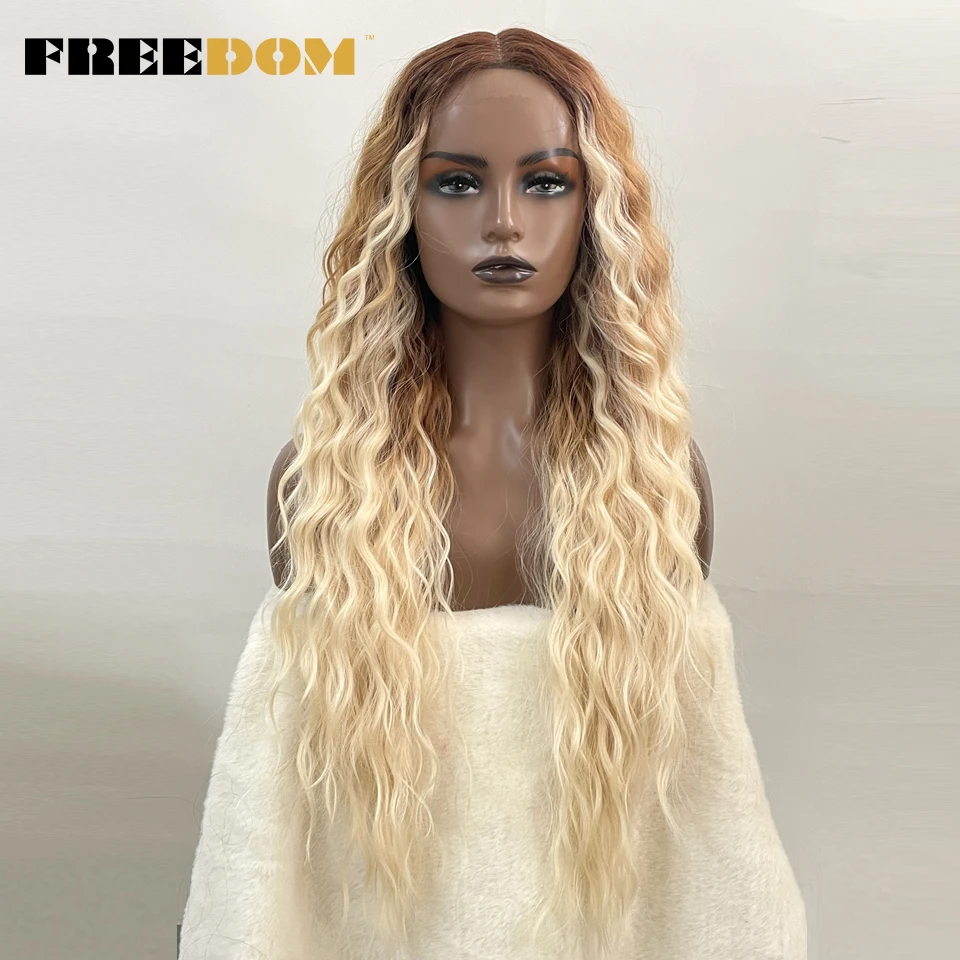 FREEDOM Synthetische Lace-Front-Perücke, lange, tief gewellte Ombre-Blond-Ingwer-Perücke mit Spitze für schwarze Frauen, hitzebeständige Cosplay-Perücke – Detail 10