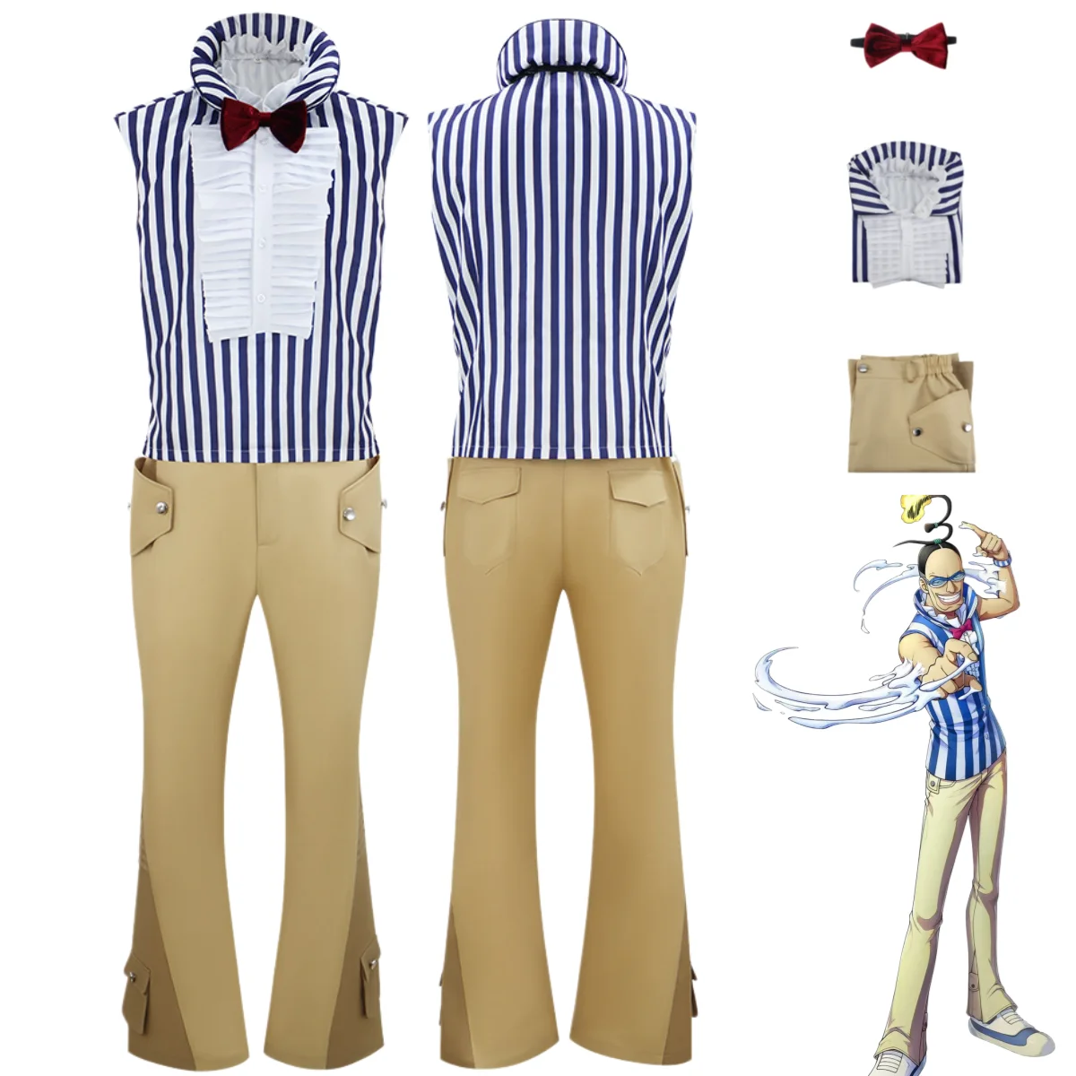 

Anime Galdino Cosplay Costume Wax-Wax Fruit Mr.3 Stripe Sleeveless Tops Shirt Uniform Adult Man Halloween Carnival Suit