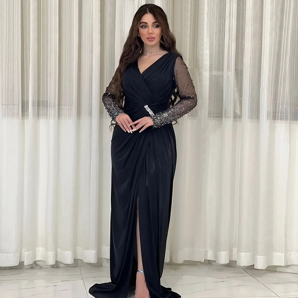 

Luxury Diamonds Beads Women Long Dress Moroccan Caftan Arabic Abaya Islamic Dubai Evening Party Dresses V-neck Gown Muslim Dress