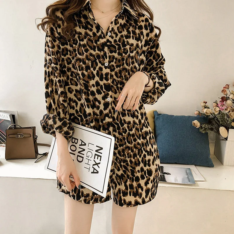 Spring Autumn Turn Down Collar Leopard Print Elegant Fashion Shirt Ladies Long Sleeve Harajuku Y2K Loose Casual Cardigan Blouse