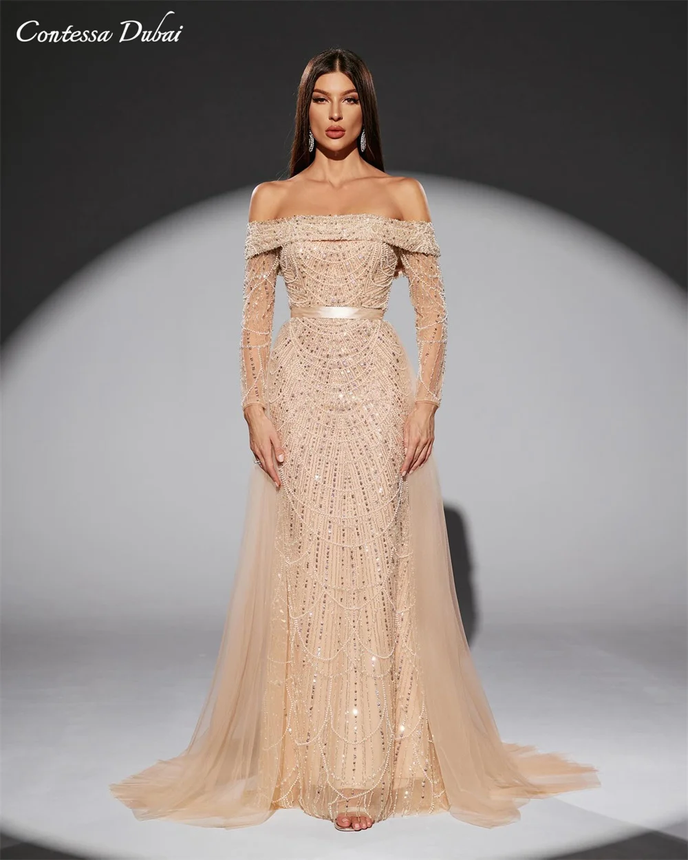 

Contessa Dubai Customized Elegant Brads Prom Dress With Tulle Skirt Off Shoulder Vestidos de noche Floor-Length Formal Evening