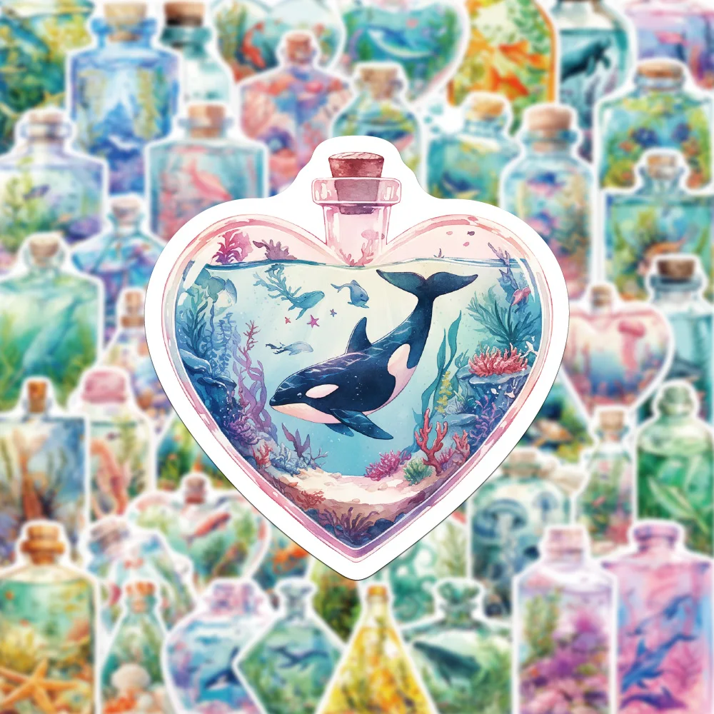 50 pezzi di cartone animato bottiglia di bellezza mondo sottomarino arte graffiti adesivi alghe corallo meduse stelle marine squalo decorazione tartaruga marina