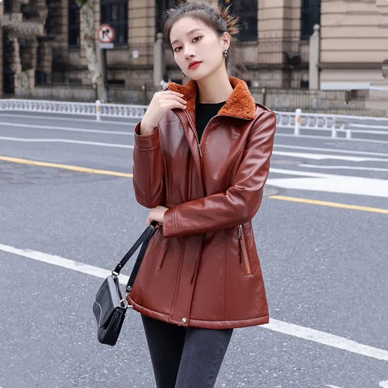 UHYTGF Quality PU Leather Jacket Women Mid Length Lamb Wool Casual Coat Female Slim Autumn Winter Leather Outerwear Ladies 2330