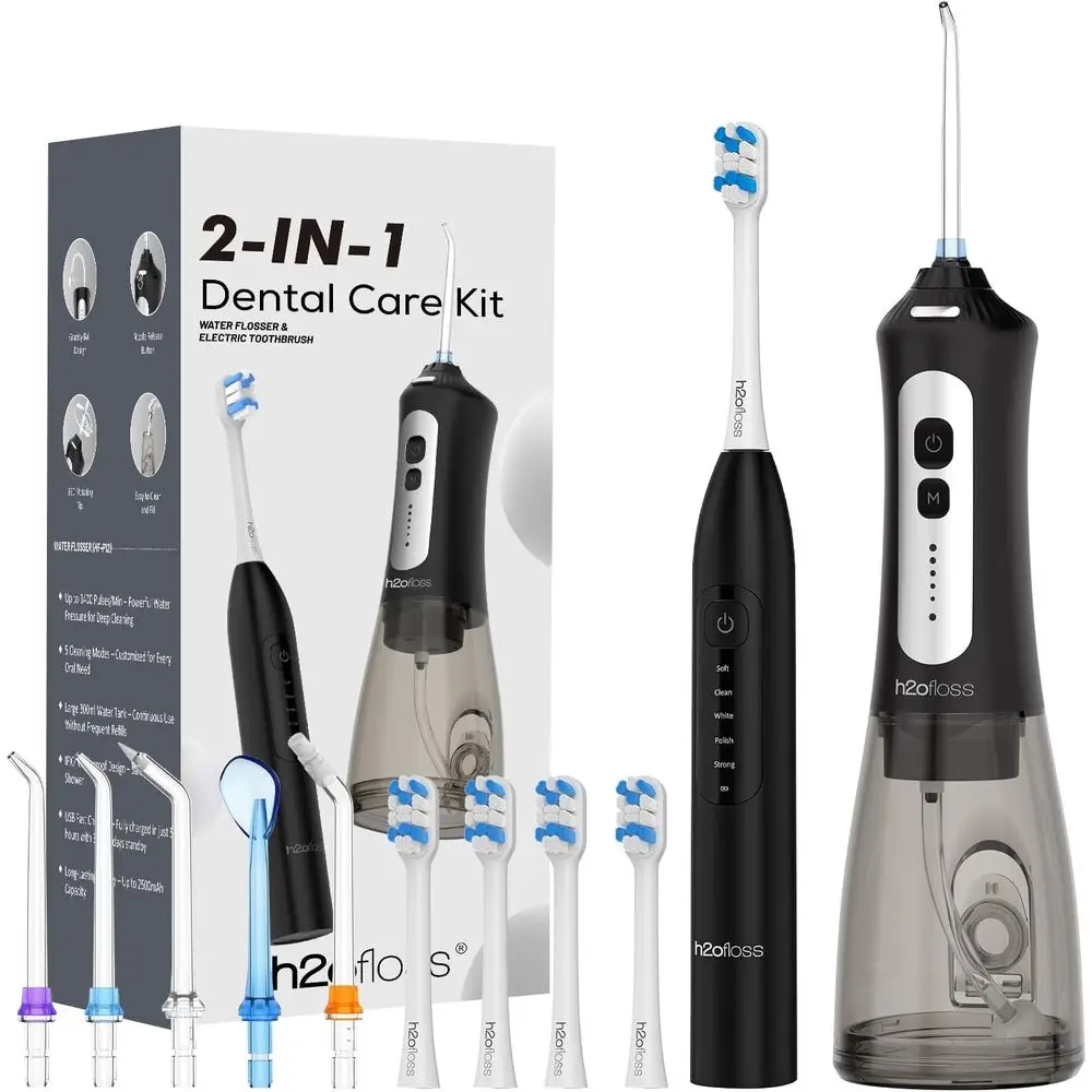 

Dual-Function Rechargeable Electric Toothbrush & Water Flosser, 2000mAh Brush, 2500mAh Flosser, 300ml Tank, 4 Brushes, 5 Nozzles