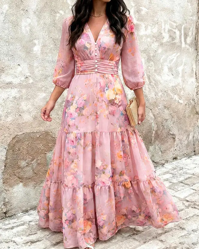 

2026 Women's Retro Elegant Watercolor Flower V-Neck Shirt High Waist Lantern Sleeve A-Line Ruffle Chiffon Festival Dress