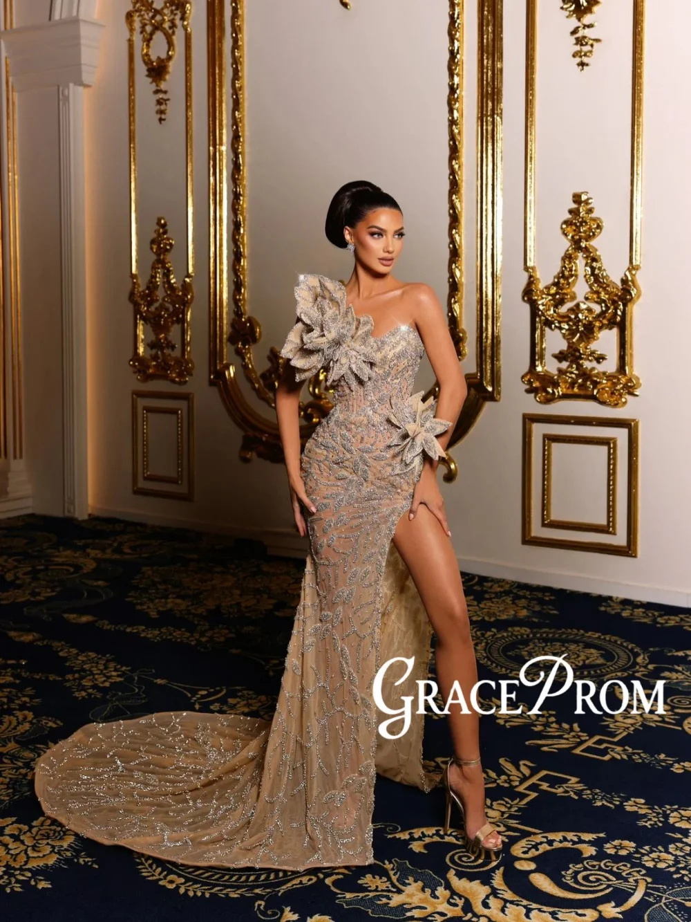 

3D Floral Luxury Beaded Evening Dress Stylish High Slit One Shoulder Formal Party Gown Customized Dazzling Red Carpet Gown