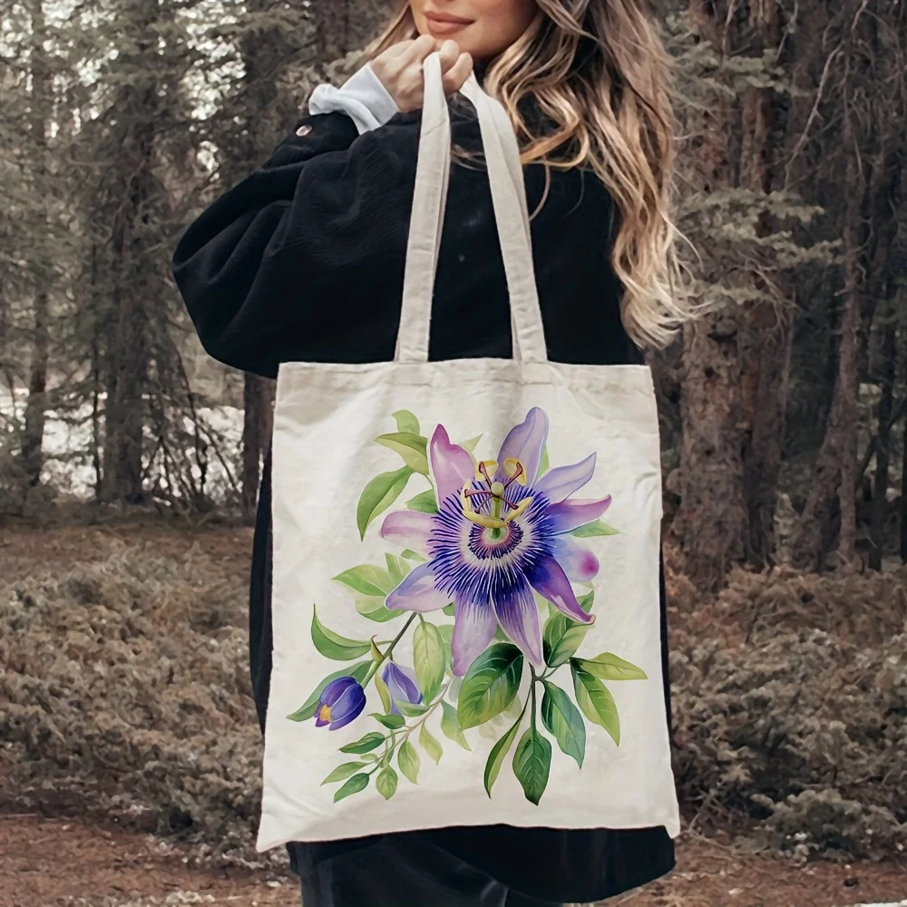 1pc, Passion Flower Canvas Tote Bag Grocery Bags (35.05cm x 40.13cm), Stylish Shopping Bag for Daily Use, Commuting, Beach Trave