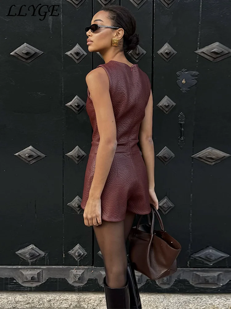 Straße Leder Weste Shorts Sets Frauen Schlank Oansatz Ärmelloses Top Hohe Taille Kurze Hosen 2025, Frühling Dame Vintage Y2k Outfits Neue