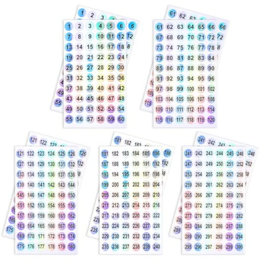 

1-300 Number Stickers 10 Sheets Self Adhesive Label Stickers Waterproof Round Stickers Reflective Laser Number Stickers Consecu