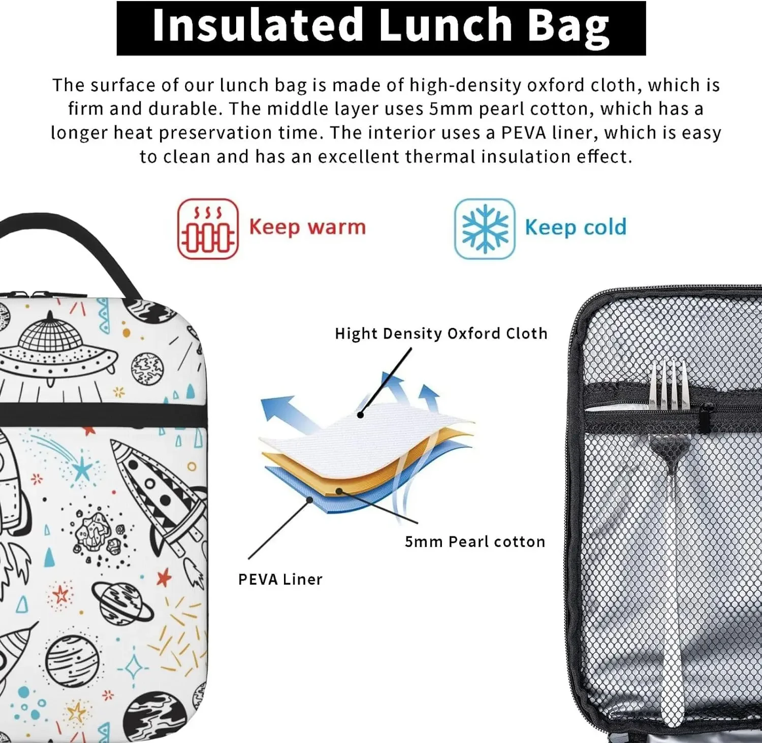 Space Background Vector Seamless Reusable Lunch Bag Lunch Box Insulated Cooler Tote Bag For Women Men Work Office Beach Picnic