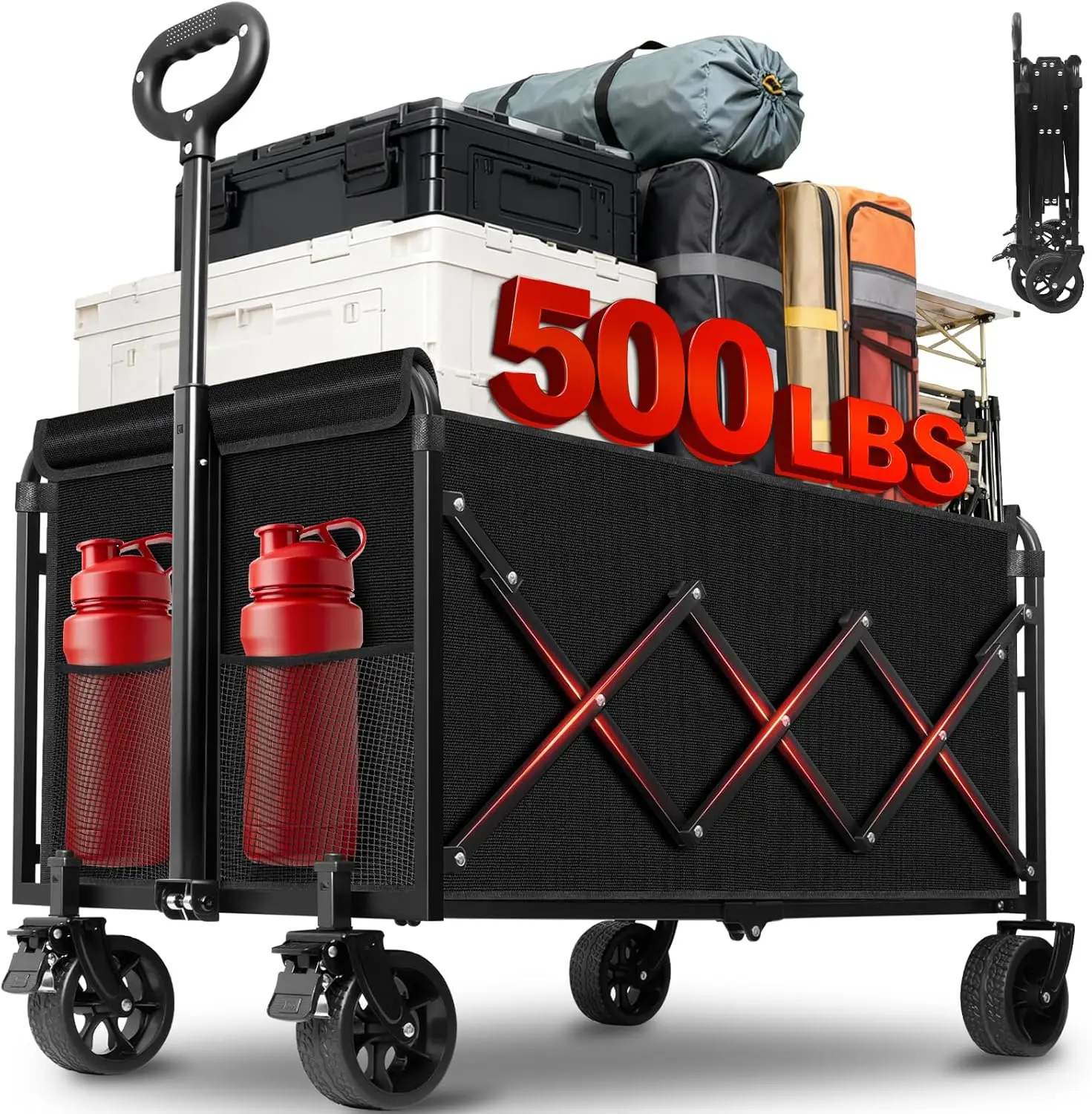 

Складная тележка повышенной прочности с грузоподъемностью 500 фунтов, с тормозами, внедорожными колесами, складная, для пляжа, кемпинга, спорта