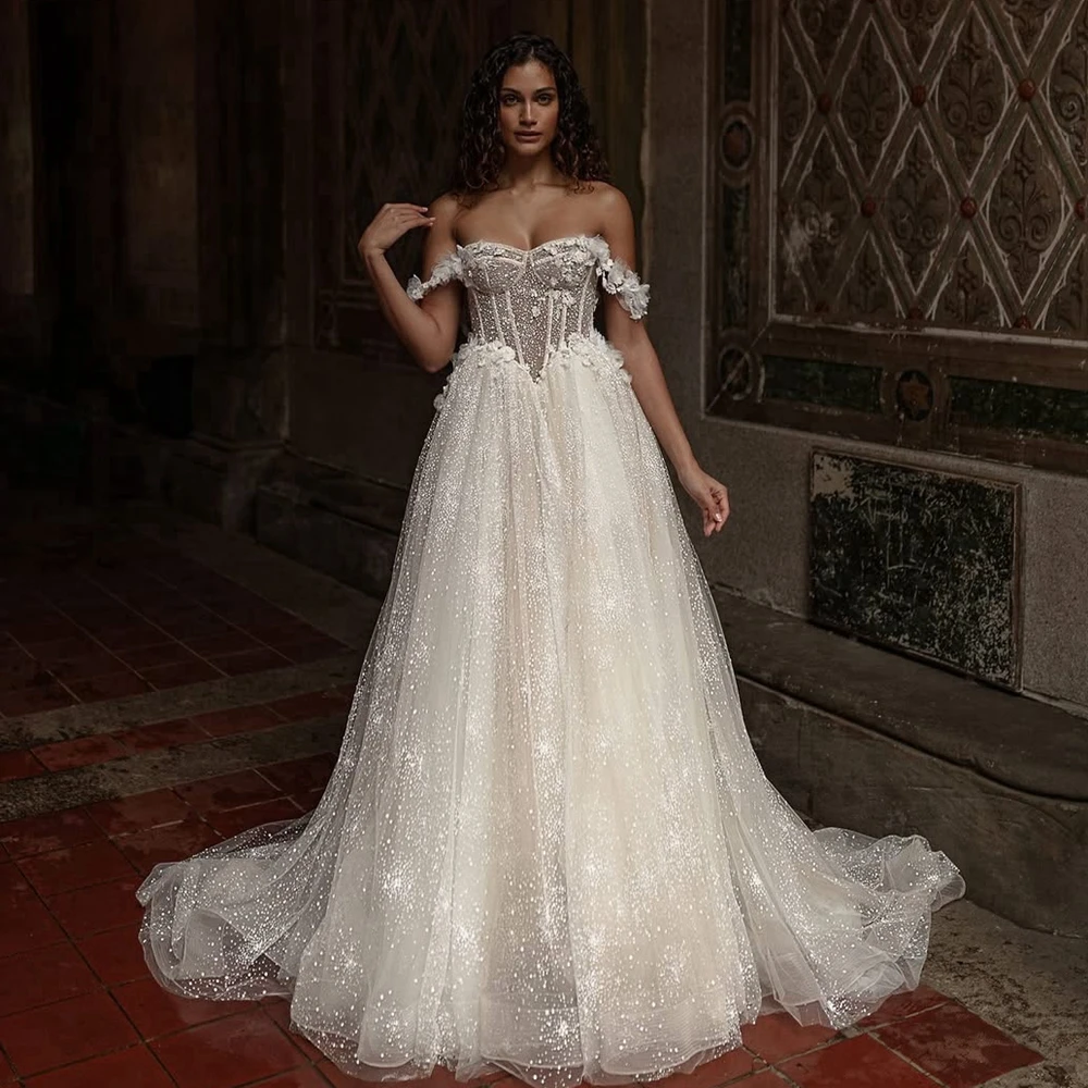 

Fluffy Mesh Lace Wedding Party Dresses Pretty 3D Flowers Lace Long Evening Dress Dreamlike Tulle Puffy A Line Prom Gowns