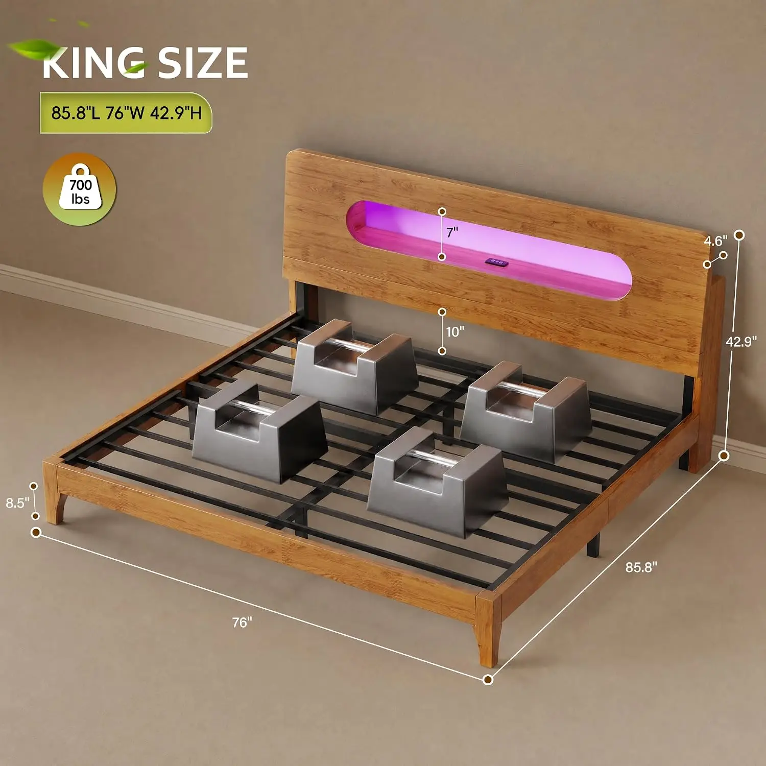 King Bed Frame Solid Wood Storage Headboard LED Lights USB Charging 700lbs No Box Spring Noise-Free Bedroom, Customized