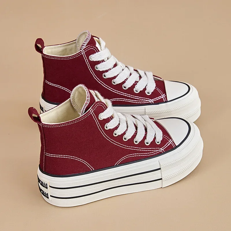 Zapatos de lona de suela gruesa y alta para mujer, calzado deportivo informal estilo universitario de otoño, alto valor estético, 2025