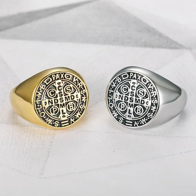 Vintage Religion Rings for Men San Benedict Cross Bible Exorcism Stainless Steel Jewelry Symbol of Friar Retro Christian Gifts