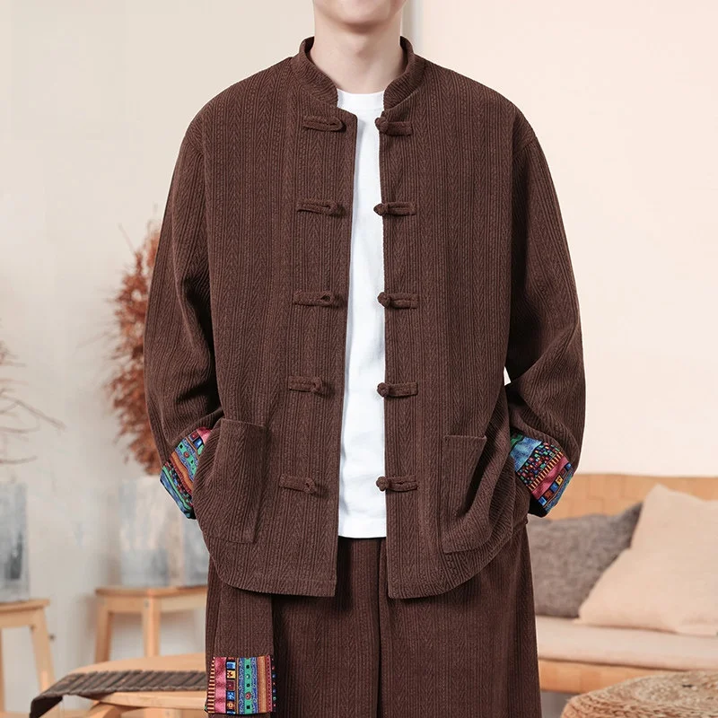 

Youth Faion Corduroy Jaet Men's Retro Core Print Stand Collar Coat Autumn Winter High Sensation Loose Fit Chinese Sle J...