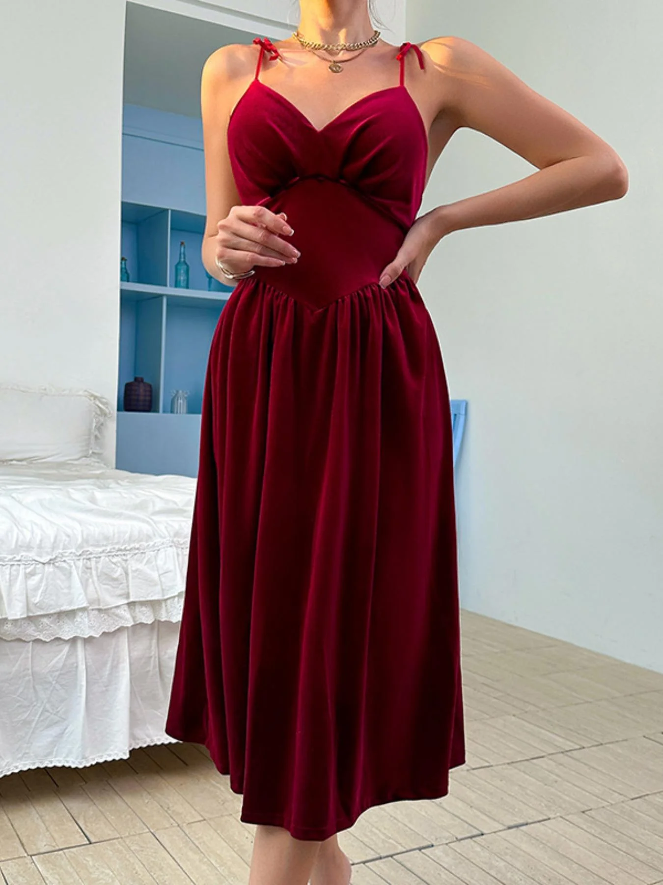 Camisón de tirantes finos color burdeos para mujer, con cuello en V y espalda descubierta, vestido de dormir midi de corte A, ropa de dormir holgada para estar en casa