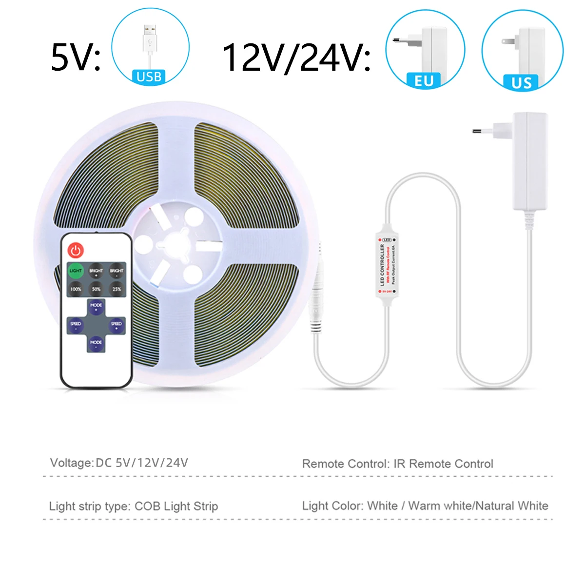 24V 12V 5V Wireless RF Remote LED COB Tape, Under Cabinet Light Ribbon with USB/EU/US Plug Adjust Brightness Indoor Wall Lamp