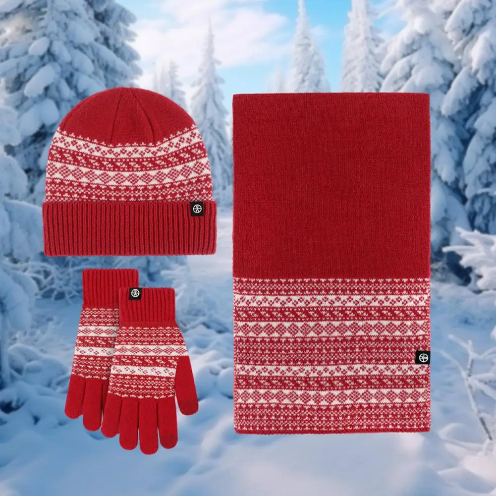 Winter Hat Scarf Gloves Set Winter Snowflakes Geometric Pattern Hat Scarf Gloves Set 3pcs Thermal Knit Windproof For Women