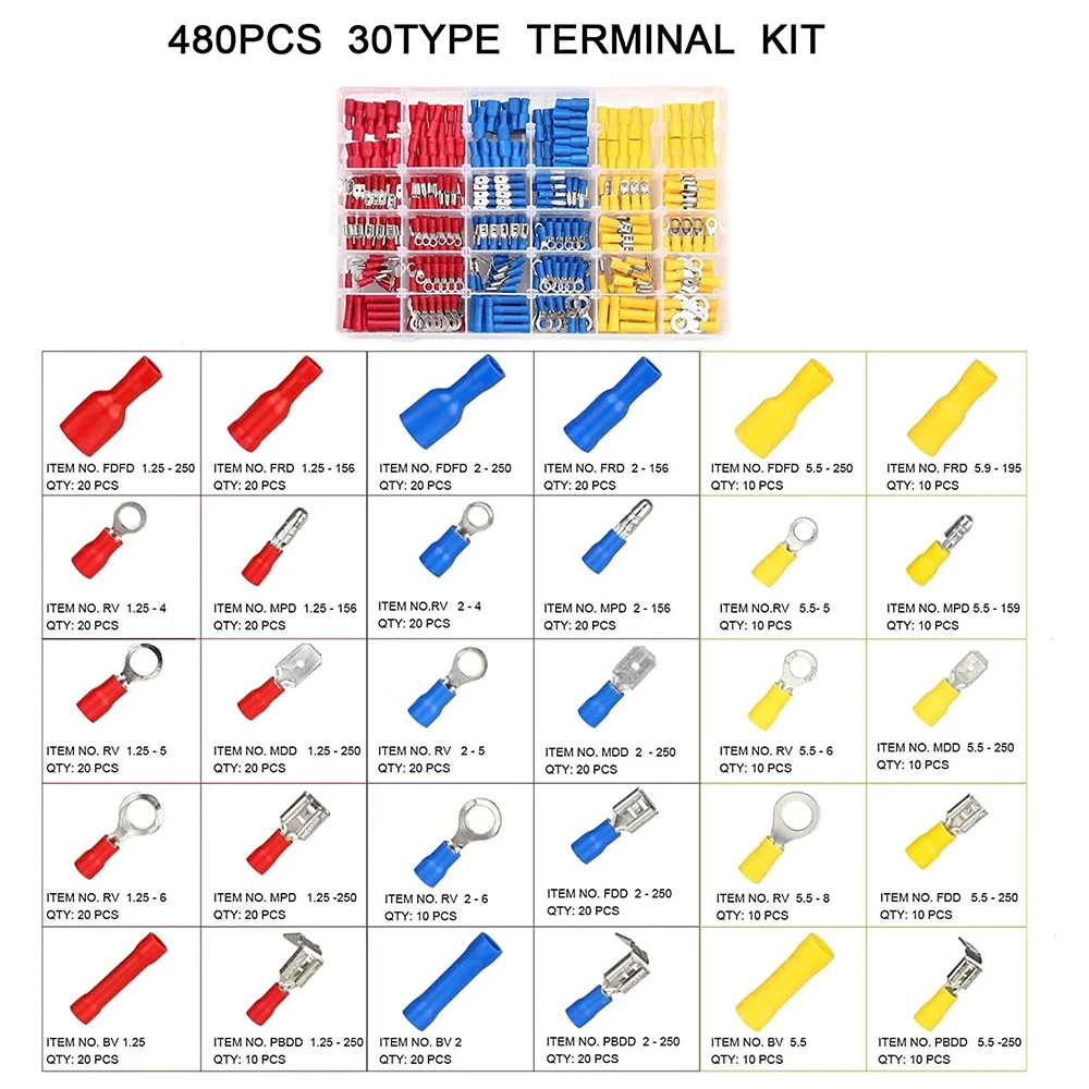 480PCS Insulated Wire Electrical Connectors Terminals Set Butt Bullet Spade Fork Ring Solderless Crimp Connectors Assortment Kit