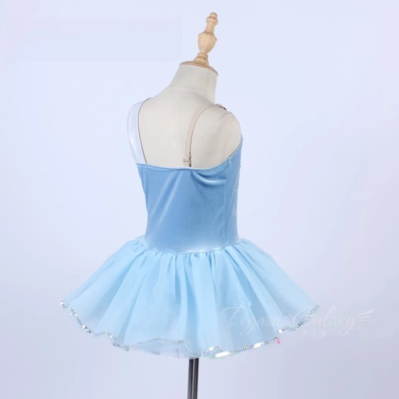 Vestido tutu de balé para meninas, bainha com lantejoulas, vestidos de veludo azul, suspensórios para crianças, strass, performance de palco de balé, roupa de dança