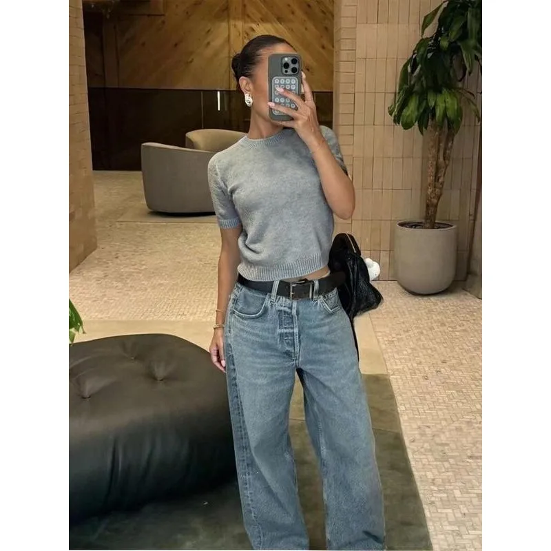 

Linen Knit Top Women's Fashion Spring 2026 Cross-Border Trade Linen Short Sve Knitwear Comfortable Breathable Female Garment