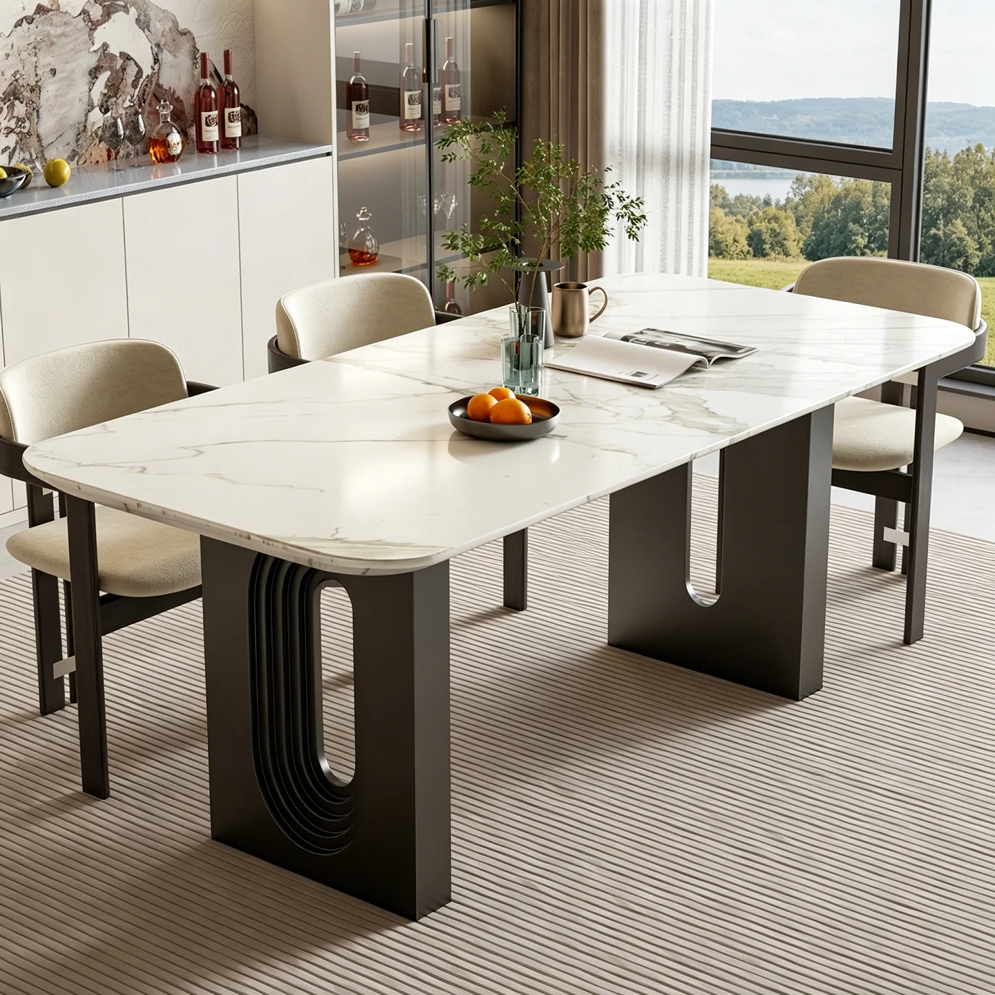 

Modern simple rock slab dining table light luxury household small apartment dining table and chairs oval hollow design carbon