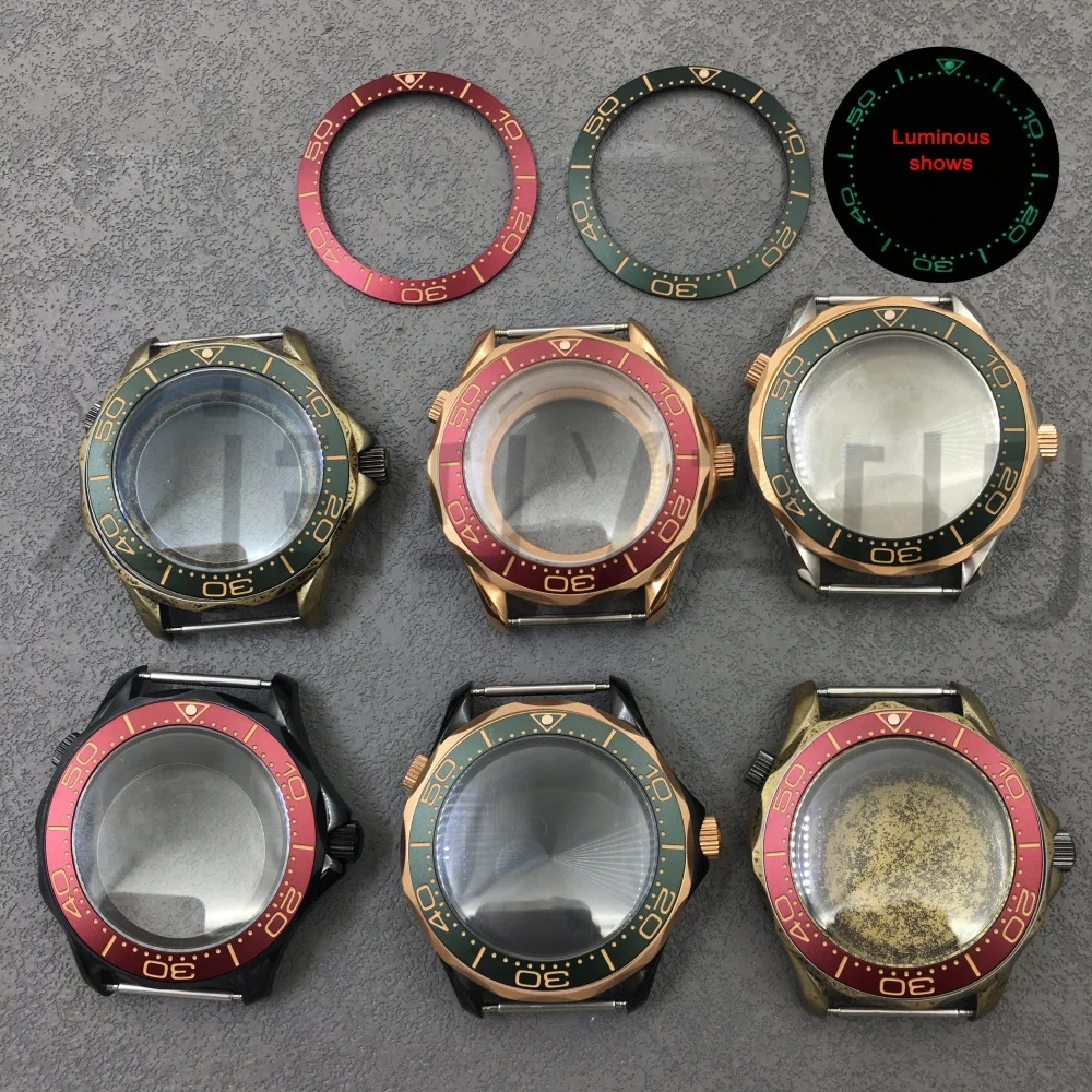 Caja de reloj Retro de bronce y oro rosa de 41mm, cristal de zafiro abovedado, resistente al agua, luminoso, Borgoña, rojo, verde oscuro, inserto compatible con NH ETA PT5000