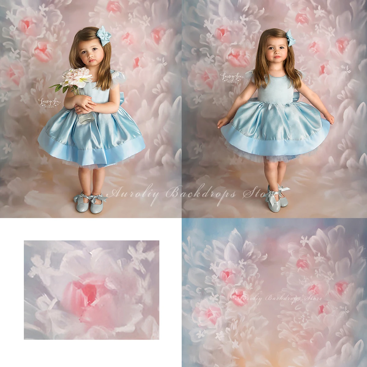 

Hand Painting Floral Backdrop Kids Adult Photography Decors Child Baby Photocall Abstract Pink Flower Blue Background