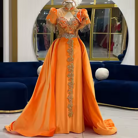 Orange Satin A-line Prom Dress Crystal Beaded Tassel Evening Dress High Neck Floor Length Formal Occasion Party Dress Customized