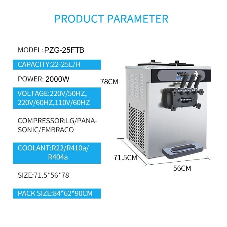 22~25L/H Commercial Soft Ice Cream Making Machine 3 Flavors 2000W Ice Cream Machinery For Business