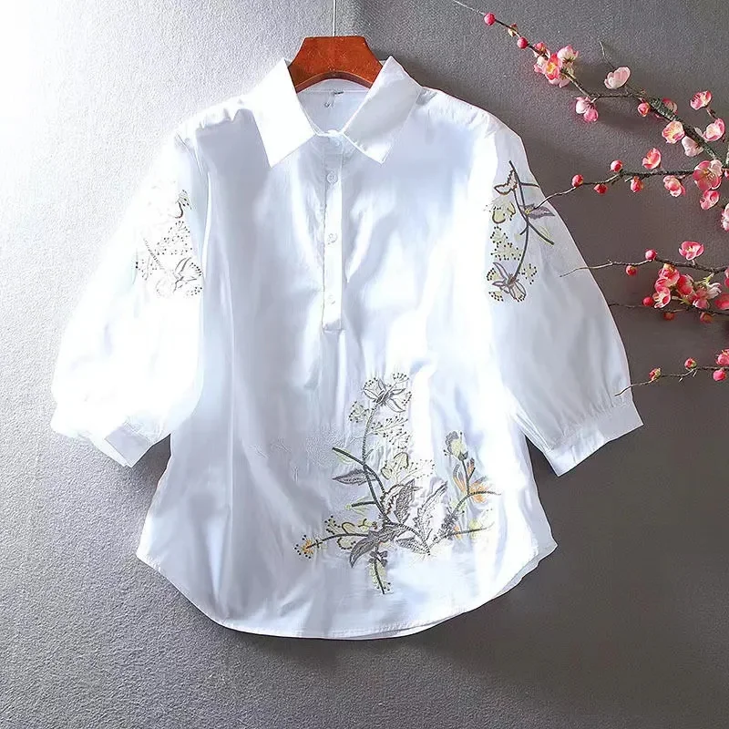 

New Korean White Embroidered Shirt Women's Summer Lapel Design Lantern Sleeve Original Cropped Sleeve Casual Blouse Female Tops