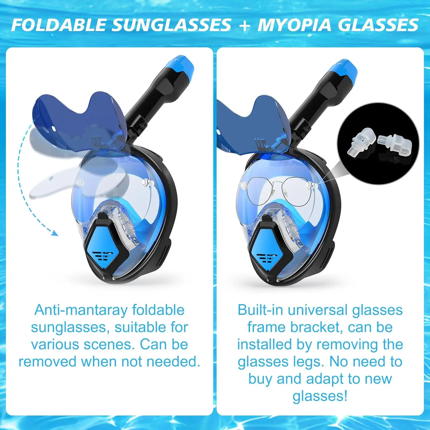 Devilfish Full Face Snorkel Mask Adults, Dry Top System Snorkeling Set with Foldable Sunglasses, 180 Degree Panoramic View Snork view 2