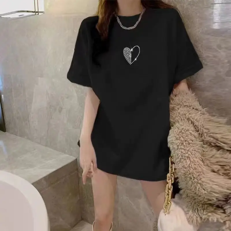 100% Pure Cotton T-shirt Heavy Industry Love Hot Drilling Short Sleeves 2025 Spring and Summer Street Women's Clothing