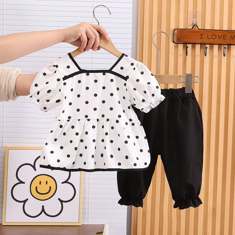 Summer Baby Girl Clothes 2024 Chinese Style Full Printed Polka Dot Buckle Short Sleeve T-shirts and Pants Girls Boutique Outfits