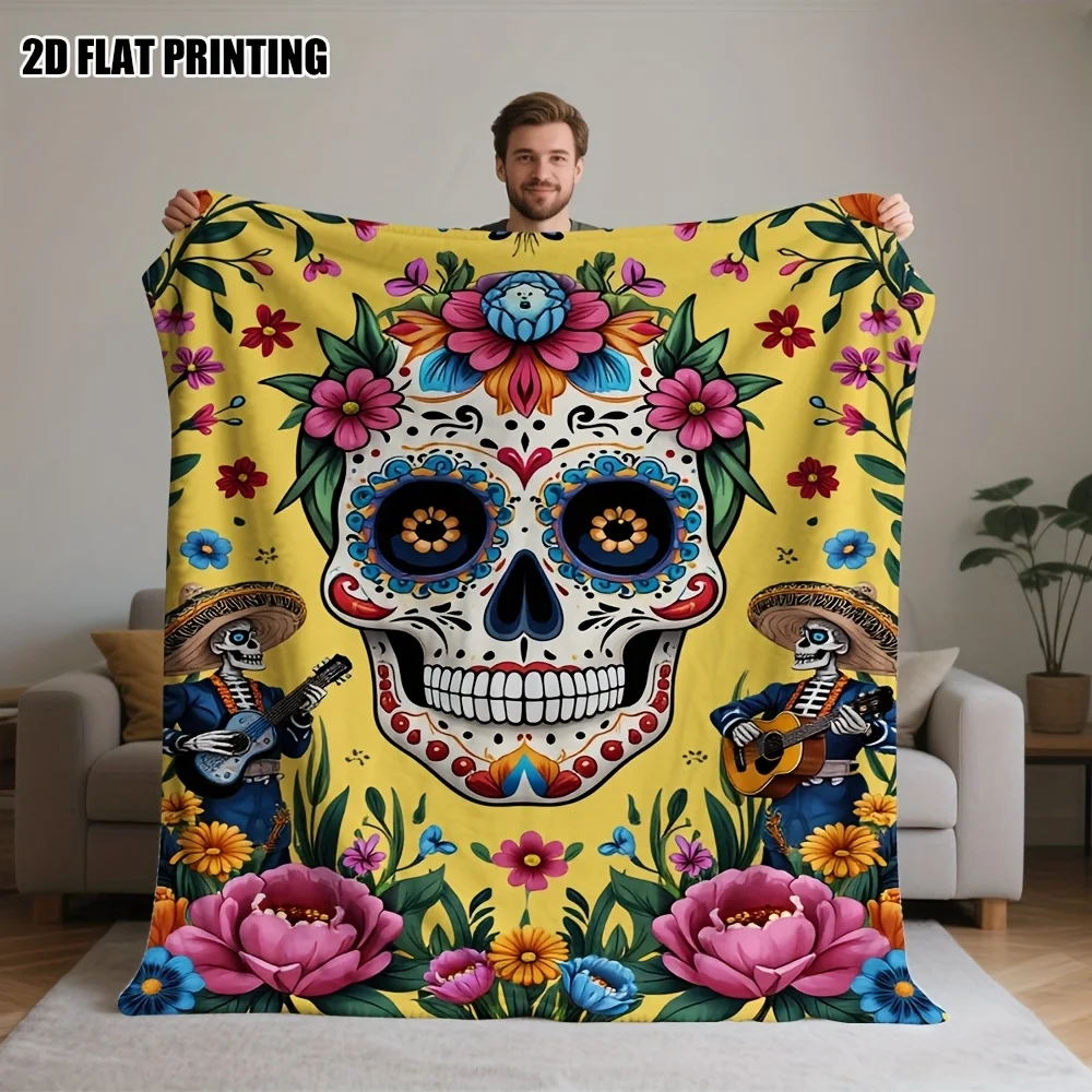 1pc 2D Flat-Printed Day of The Dead Essential Home Blankets Featuring Skulls And Flowers, Made from 100% Polyester Fiber. Ideal As Christmas Gifts, Suitable for Beds, Sofas, And Offices, Making Them Perfect for Birthdays And Thanksgiving