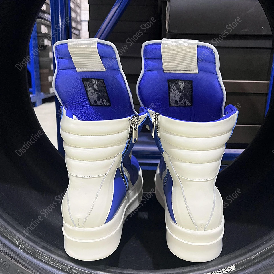 Zapatos de marca RO para hombre, zapatillas informales de cuero azul a la moda con doble fondo, zapatillas de deporte de suela gruesa con cremallera para mujer, zapatos con aumento de altura