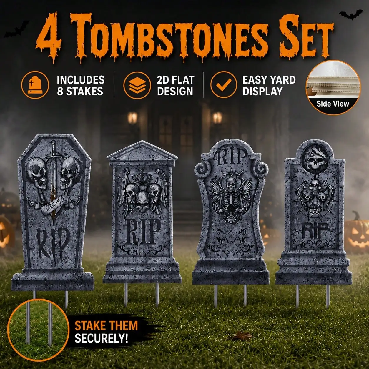 Juego de 4 estacas decorativas con forma de lápida para Halloween, adornos planos en 2D para el césped, con 8 estacas para clavar en el suelo, accesorios de Halloween para exteriores, ideales para jardines, porches, patios, fiestas y para crear un ambiente festivo.