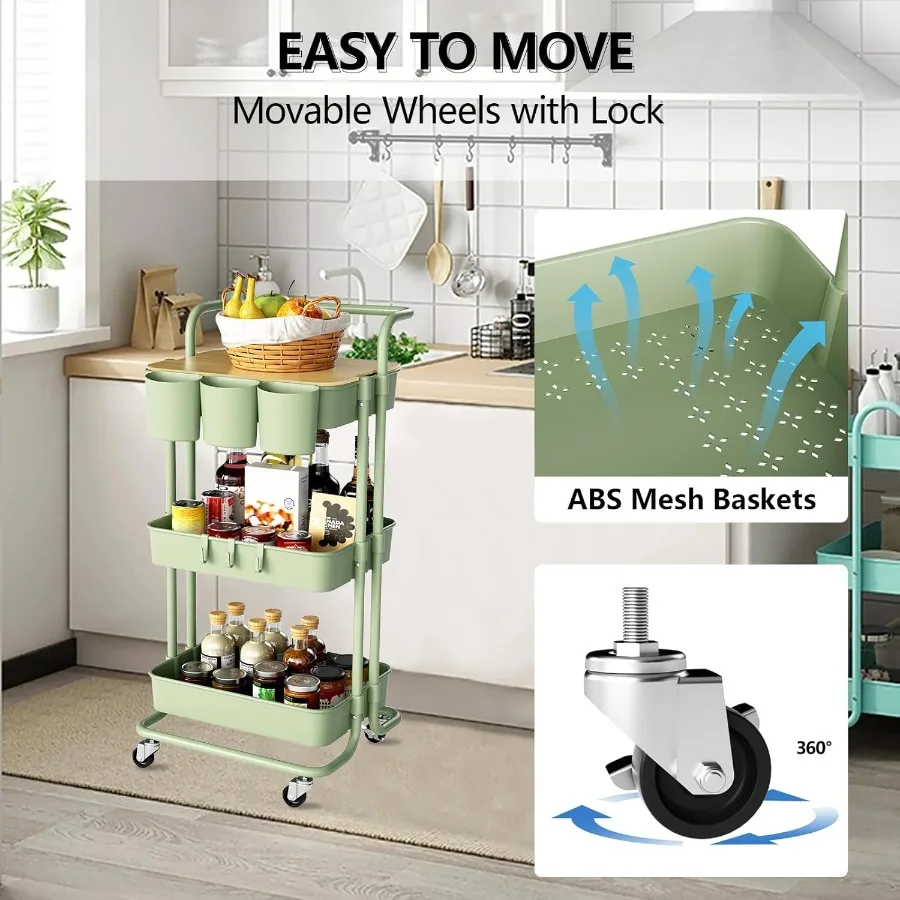 3 الطبقة عربة متحركة مع مقبض معدني سطح الطاولة أكواب معلقة السنانير سلات تخزين بلاستيكية عجلات قابلة للقفل عربة المرافق للخفافيش