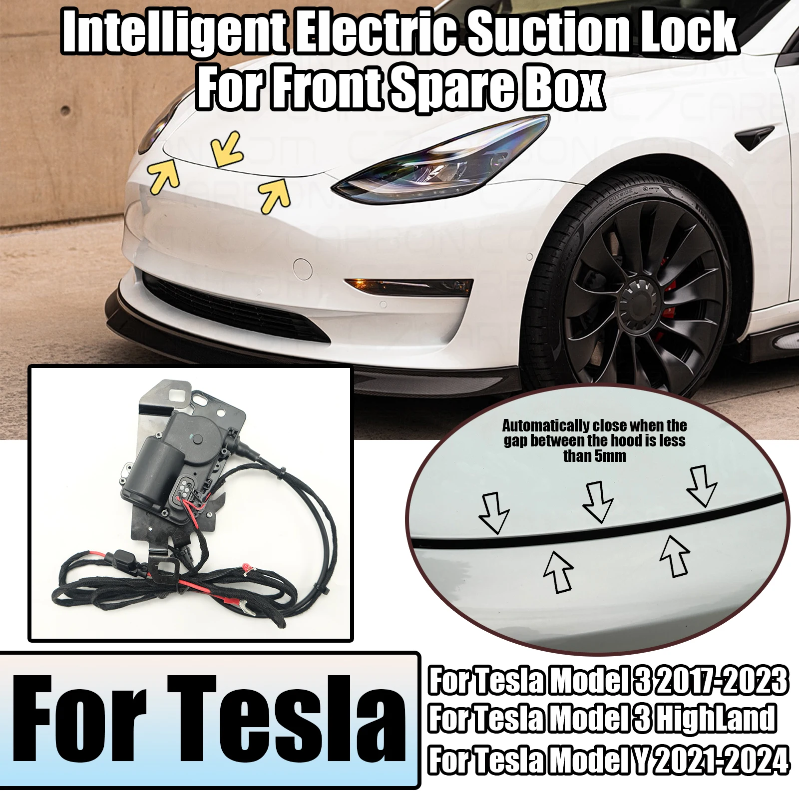 Caixa de sucção tronco frontal para Tesla, fechadura elétrica, fechamento suave, adsorção automática, caixa de reposição, Highland 2017-2024, modelo 3 Y
