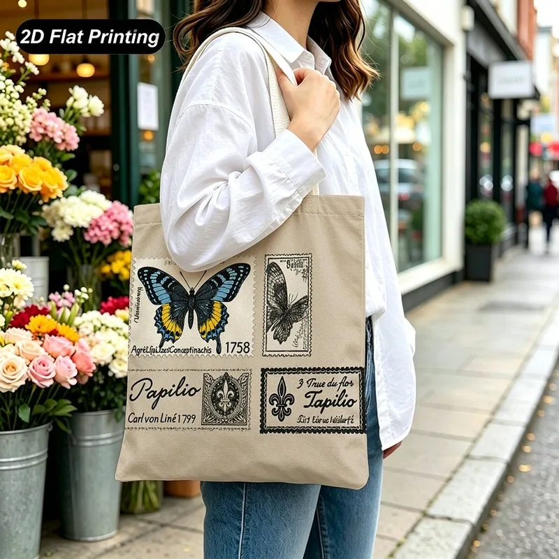 1PC【Tote Bag】2D Flat effect，Vintage Stamp Style Print Tote Bag，Large-capacity lightweight model，Adapted shopping、D