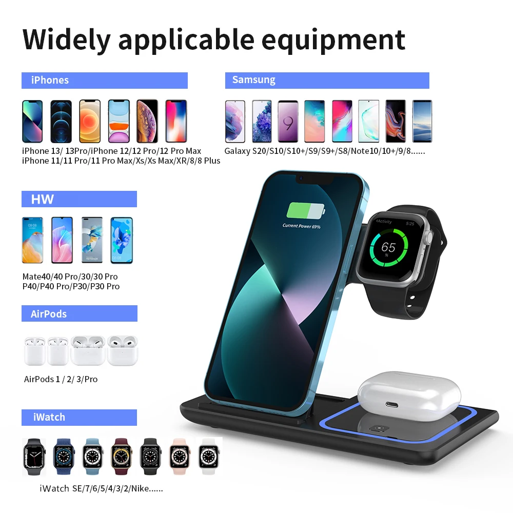 200W 3 in 1 Wireless Charger Stand Pad Foldable Fast Charging Station Dock For iPhone 16 15 14 13 12 11 X 8 Apple Watch Airpods - náhled 6
