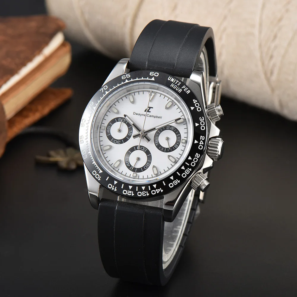 Custom Logo 39mm Mens watch Luxury Brand Rubber Strap Moonwatch For Mens Business Chronograph VK63 quartz movement