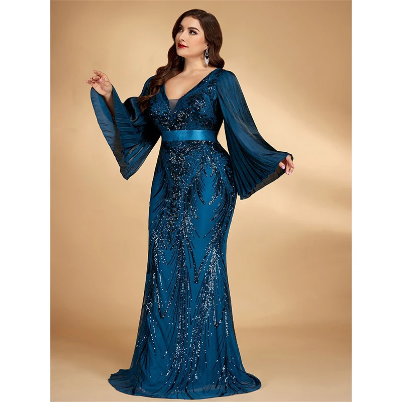 Big Size 4XL Women Vestido De Festa Flare Sleeve V Neck Blue Sequined Evening Party Cocktail Prom Long Dress - view 5